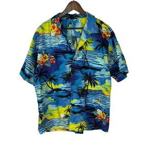 Palmwave Hawaiian Shirt Mens XL Blue Tropical Surfing Palm Beach Button Up S/S